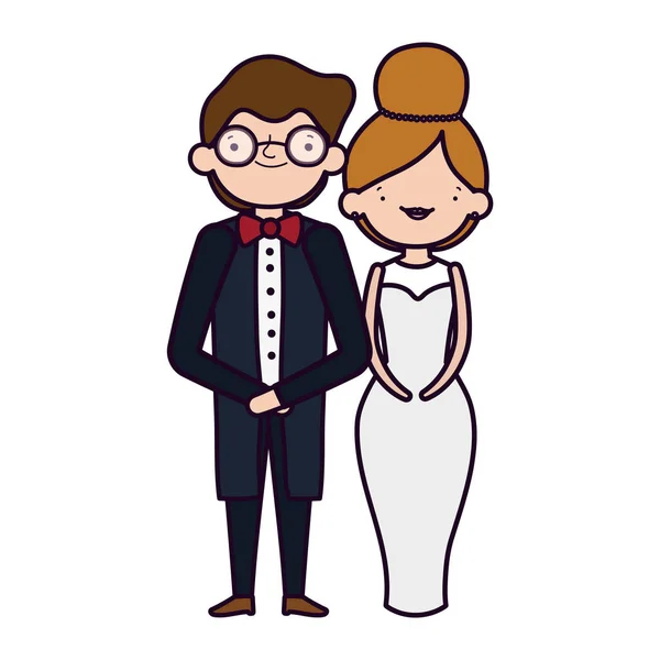 Esküvő pár, menyasszony és a vőlegény elegáns ruhák rajzfilm — Stock Vector