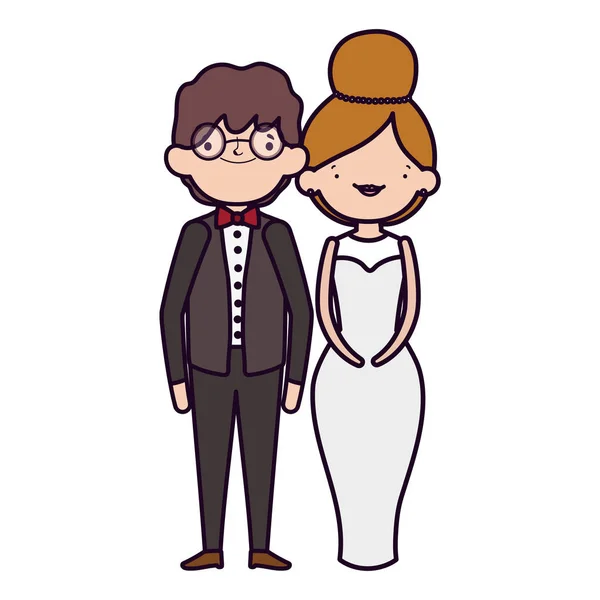 Bruidspaar, bruid en bruidegom in elegante pakken cartoon — Stockvector