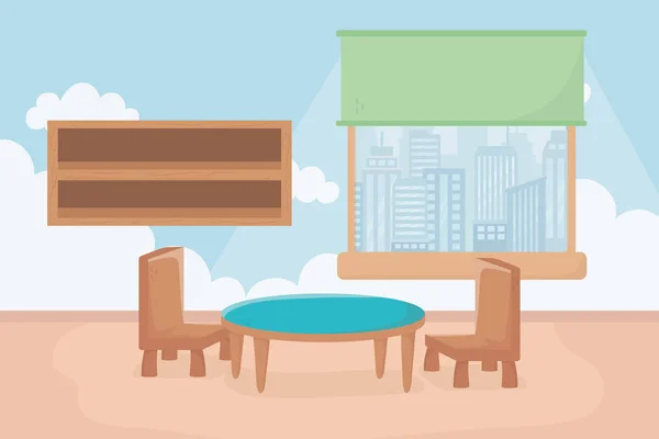 Gyerekek zóna asztal és székek bútorok polc és ablak — Stock Vector
