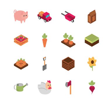 çiftlik hasadı tarım kırsal izometrik ikon koleksiyonu
