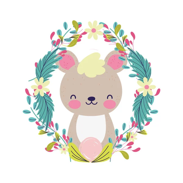 Baby shower cute little bear wreath flowers foliage — Stock Vector