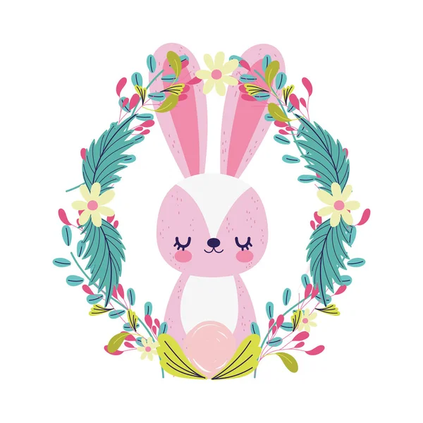 Baby shower cute little rabbit wreath flowers foliage — Stockvector