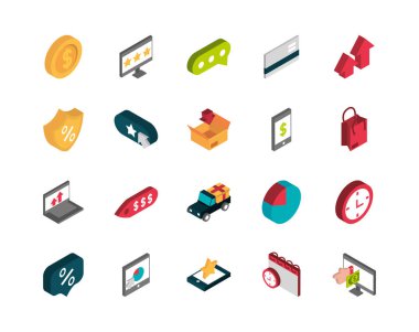 ecommerce işletme İnternet simgeleri izometrik ayarlandı