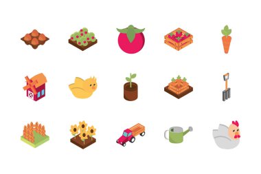 çiftlik hasadı tarım kırsal izometrik ikon koleksiyonu
