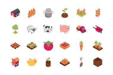 çiftlik hasadı tarım kırsal izometrik ikon koleksiyonu