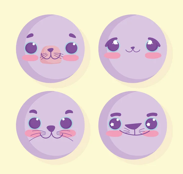 Emojis kawaii cartoon dier gezichten ingesteld — Stockvector