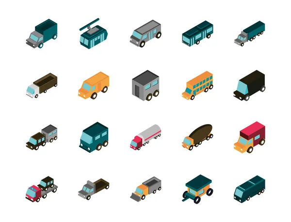 Transport samochodów ciężarowych pojazdów ikony izometryczne zestaw — Wektor stockowy