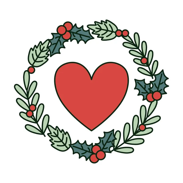 Heart with wreath holly berry decoration celebration merry christmas — Stock vektor