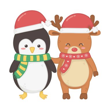 reindeer and penguin with hats decoration merry christmas