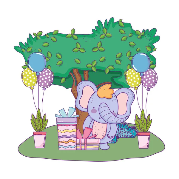 Elefante con regalos y globos helio en el campo — Vector de stock