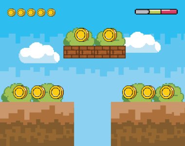 Arcade oyun dünya ve piksel sahne tasarım vektör illüstrasyon