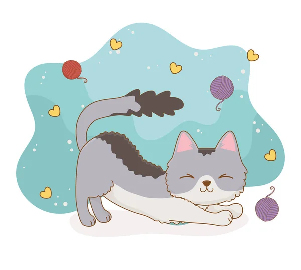 Lindo pequeño gato mascota con lana rollo y corazones patrón — Archivo Imágenes Vectoriales