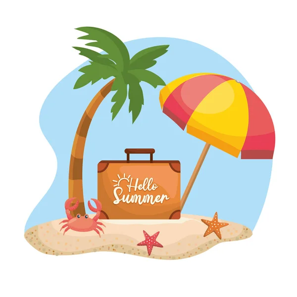 Şemsiyeli palmiye ağacı ve yengeç ve deniz yıldızı dolu çanta. — Stok Vektör