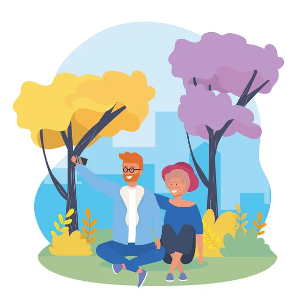 Junge und Mädchen Paar mit Bäumen und Sträuchern Pflanzen — Stockvektor