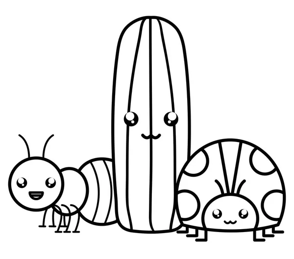 Exotic cactu with ant and ladybug kawaii characters — Archivo Imágenes Vectoriales