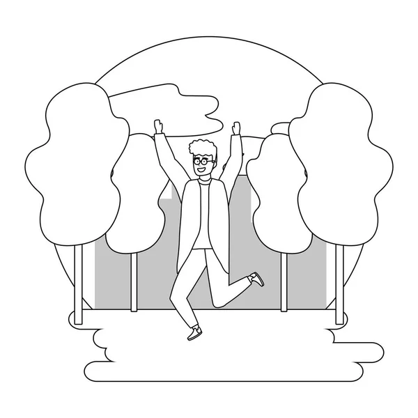 Человек, прыгающий в оформлении парка — стоковый вектор