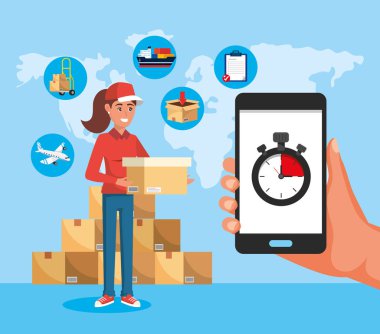 Kutu servisi olan teslimatçı kadın ve kronometresi olan akıllı telefon.