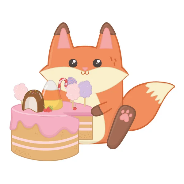 Kawaii de dibujos animados de zorro con diseño de pastel — Vector de stock