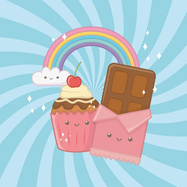 Barre de chocolat sucré et bonbons caractères kawaii — Image vectorielle