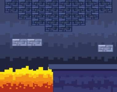 Arcade oyun dünya ve piksel sahne tasarım vektör illüstrasyon