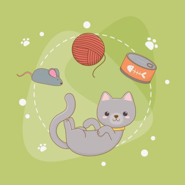 Ton balığı konservesi ve yün rulosu olan küçük sevimli kedi maskotu.