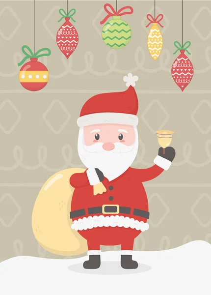 Santa with bag waving bell celebration merry christmas poster — Vettoriale Stock