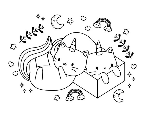 Unicorn cat cartoon couple vector design — ストックベクタ