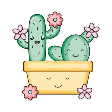 cactu and flowers in ceramic pot kawaii