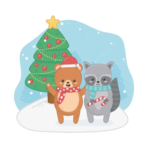 Щаслива різдвяна листівка з ведмедем Тедді та єнотом — стоковий вектор