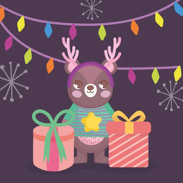Cute bear with gifts and lights merry christmas card — Vetor de Stock