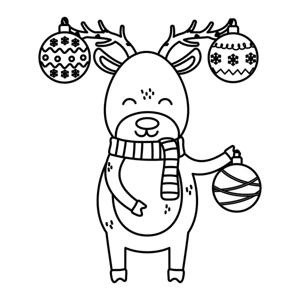 Reindeer with hanging balls horns celebration merry christmas thick line — Stockový vektor