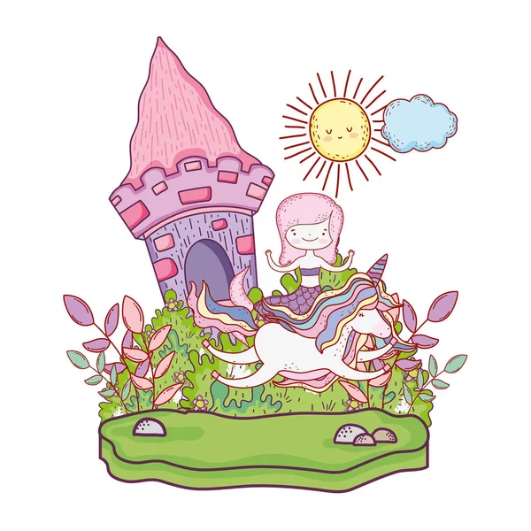 Sirena con unicornio y castillo en el paisaje — Vector de stock