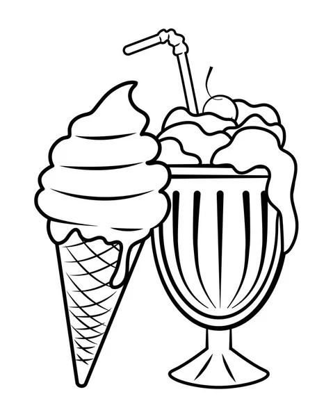 Milk shake and ice cream black and white — Stock Vector