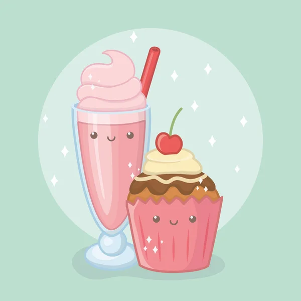 Delicious and sweet milkshake and products kawaii characters — Διανυσματικό Αρχείο