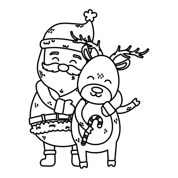 Santa embraced reindeer celebration merry christmas thick line — Stockový vektor