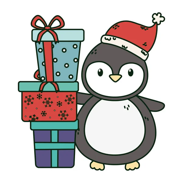 Cute penguin with pile gifts celebration merry christmas — Stock Vector