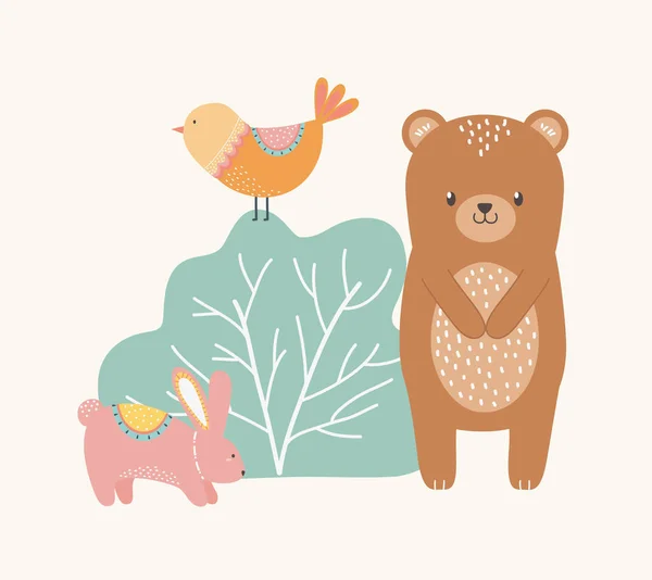 Ilustración vectorial de diseño de conejos y dibujos animados de aves — Vector de stock