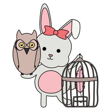 owl bird and rabbit with cage bohemian style