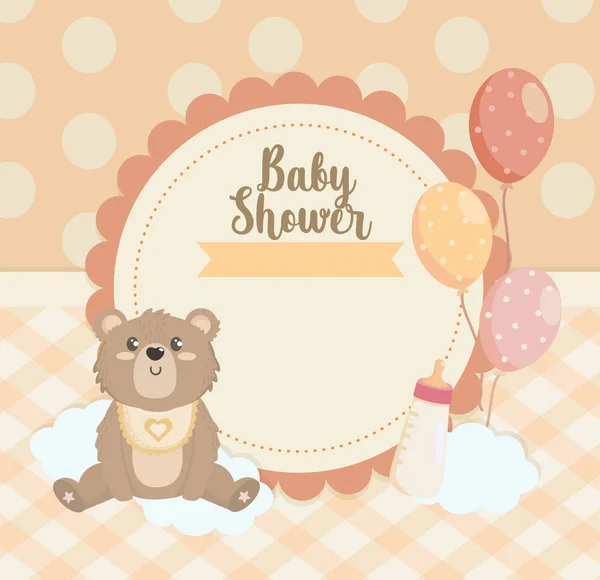 Label of teddy bear with balloons and feeding bottle — стоковый вектор