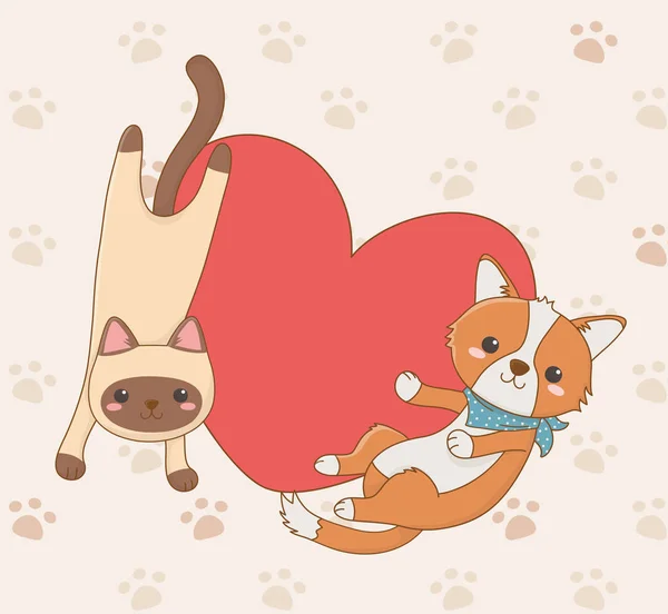 Carino cagnolino e gatto mascotte con amore cuore — Vettoriale Stock