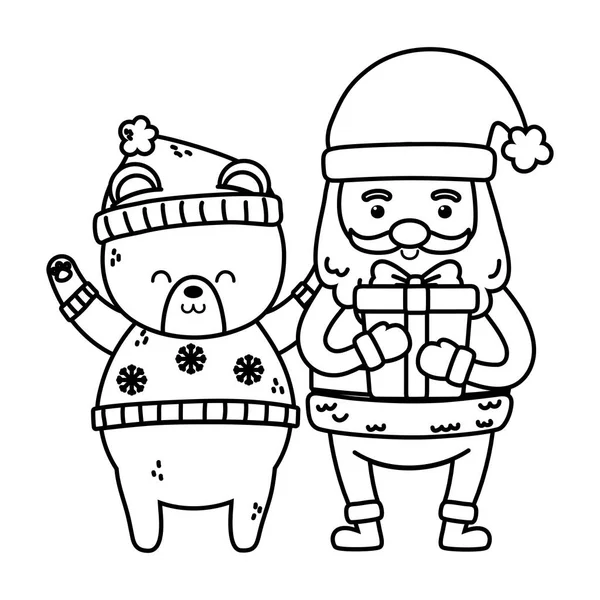 Niedlichen Weihnachtsmann mit Geschenk und Eisbär Tier frohe Weihnachten dicke Linie — Stockvektor