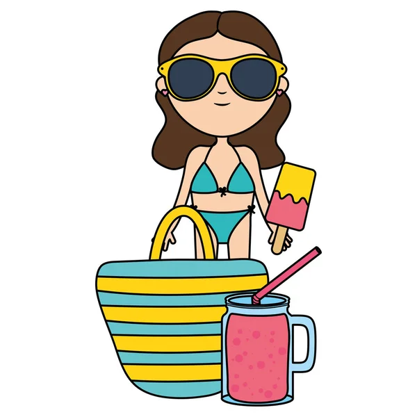 Beautiful woman with handle bag and cocktail — Stock Vector