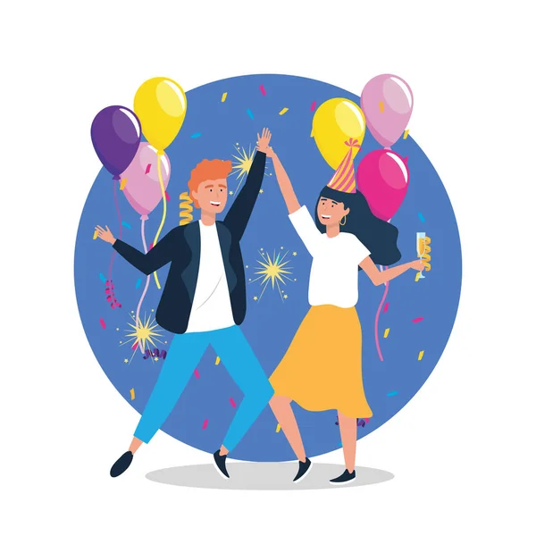 Γυναίκα και άντρας χορεύουν με μπαλόνια και καπέλο — Διανυσματικό Αρχείο