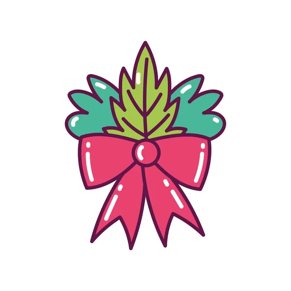 Red bow ribbon leaves decoration merry christmas icon — Stock Vector