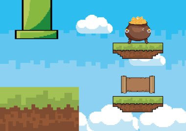 Arcade oyun dünya ve piksel sahne tasarım vektör illüstrasyon