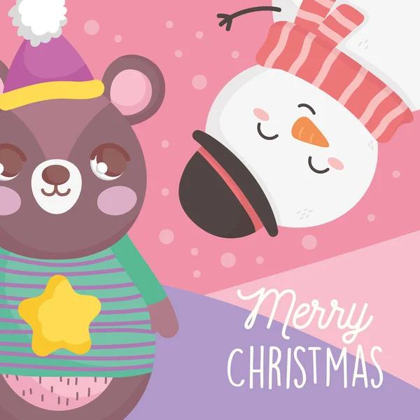 Medvěd a sněhulák s kloboukem sníh veselé vánoční přání — Stockový vektor