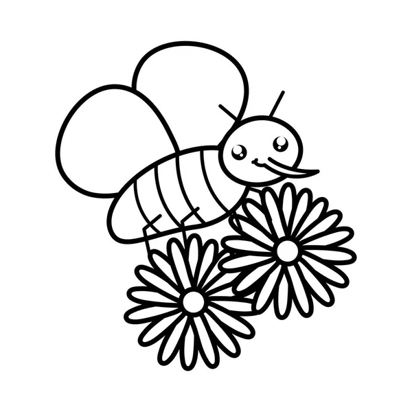 Jardin de fleurs avec petit caractère kawaii volant d'insectes — Image vectorielle