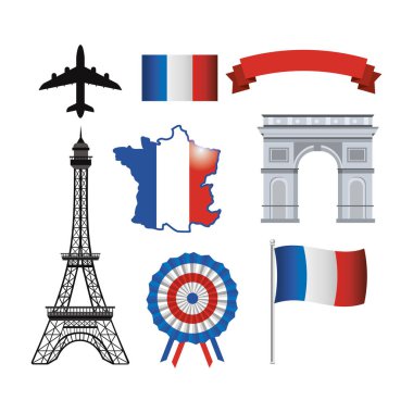 set of eiffel tower and france flag with ribbon