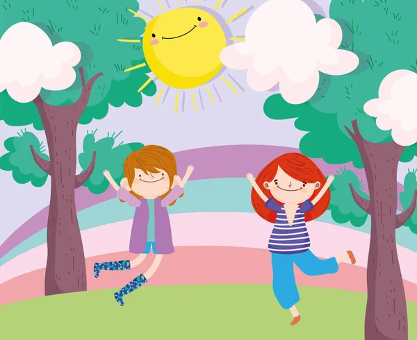 孩子们快乐的一天，小男孩和小女孩在公园里跳着 — 图库矢量图片