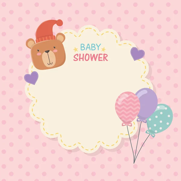 Baby-Dusche-Spitzenkarte mit kleinem Bären-Teddy und Luftballons Helium — Stockvektor